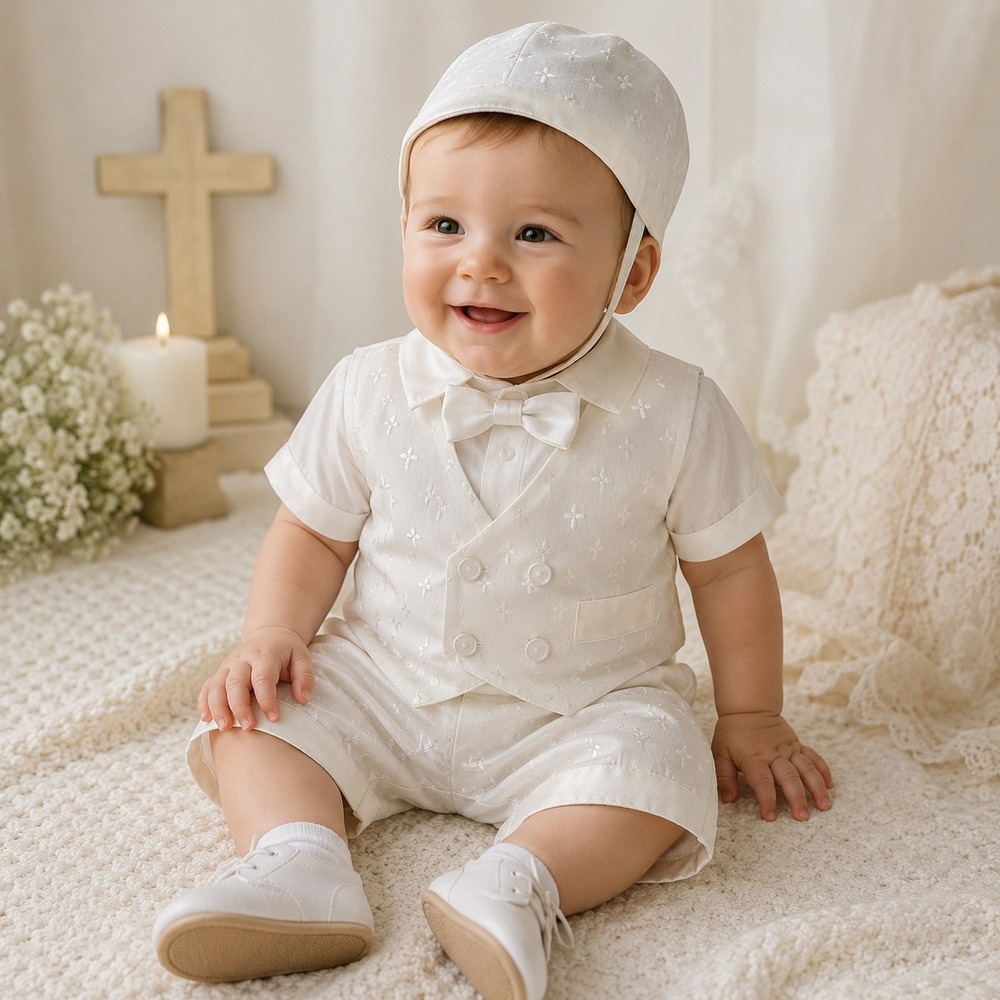 Vintage Baby Boys Christening Baptism Outfit 12M 5 Pc White Cross Jacquard Set